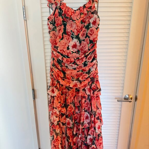 Red Floral Ruffle Maxi Dress Sz L - Picture 2 of 5
